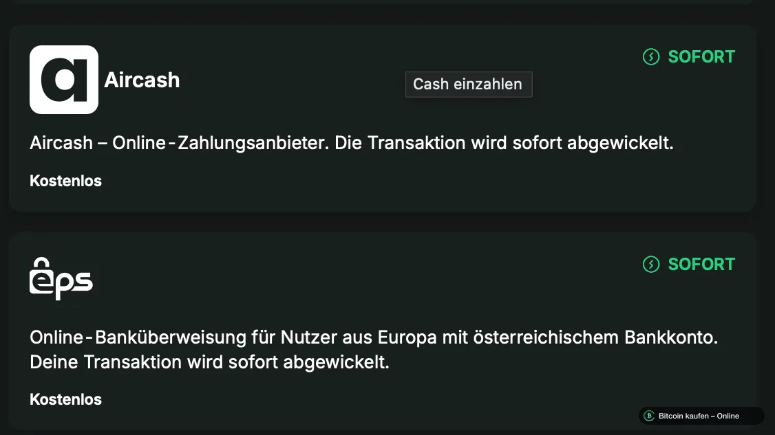 Einzahlungsarten in der Bitpanda-App: Aircash, eps und Klarna, jeweils kostenlos
