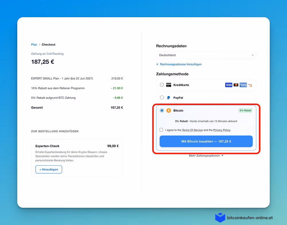 CoinTracking Checkout mit ausgewählter Zahlungsart Bitcoin und zusätzlichen 5% Rabatt