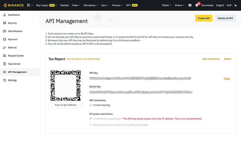 Binance API Key erstellt