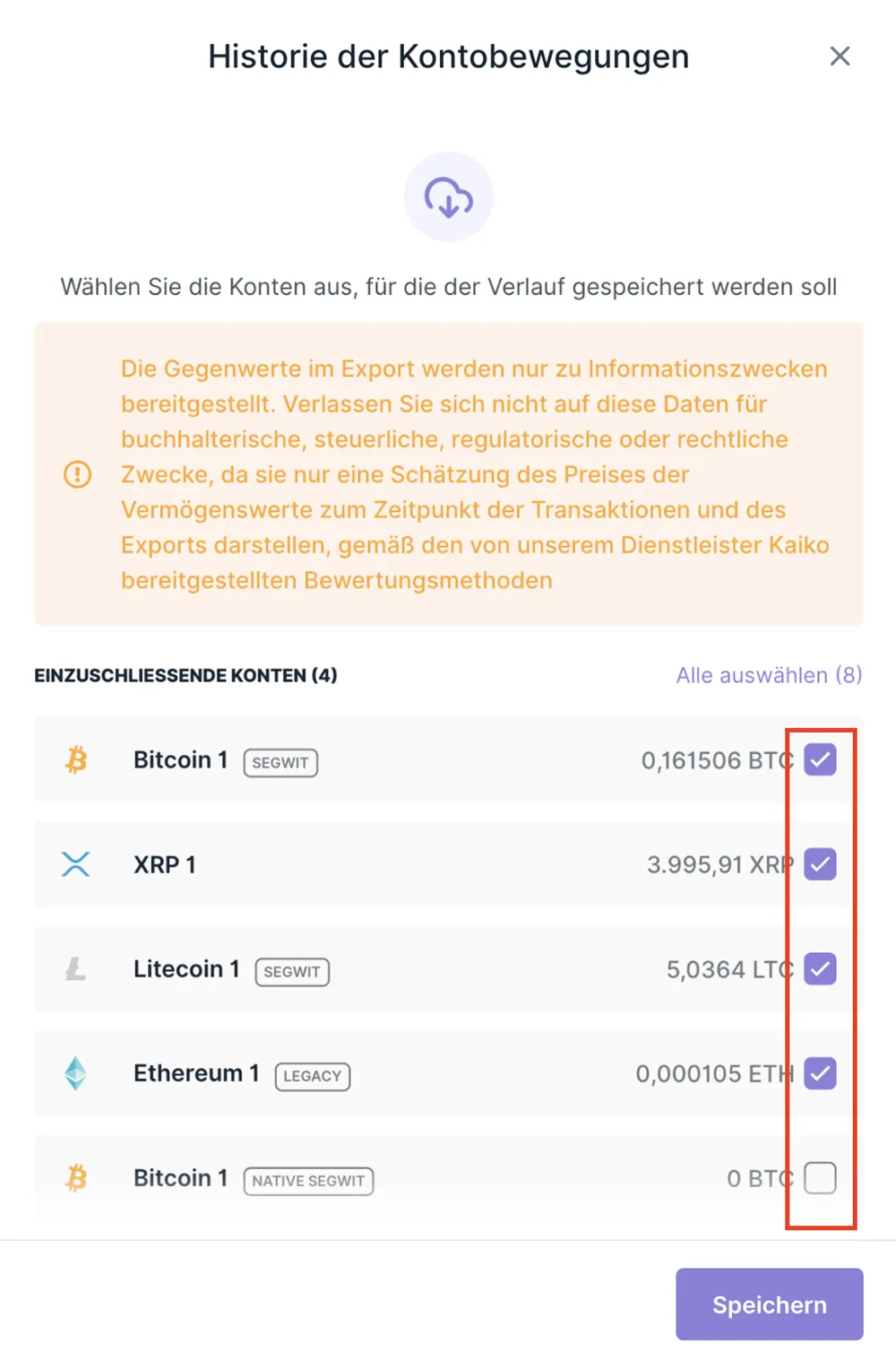 Konten für Export auswählen