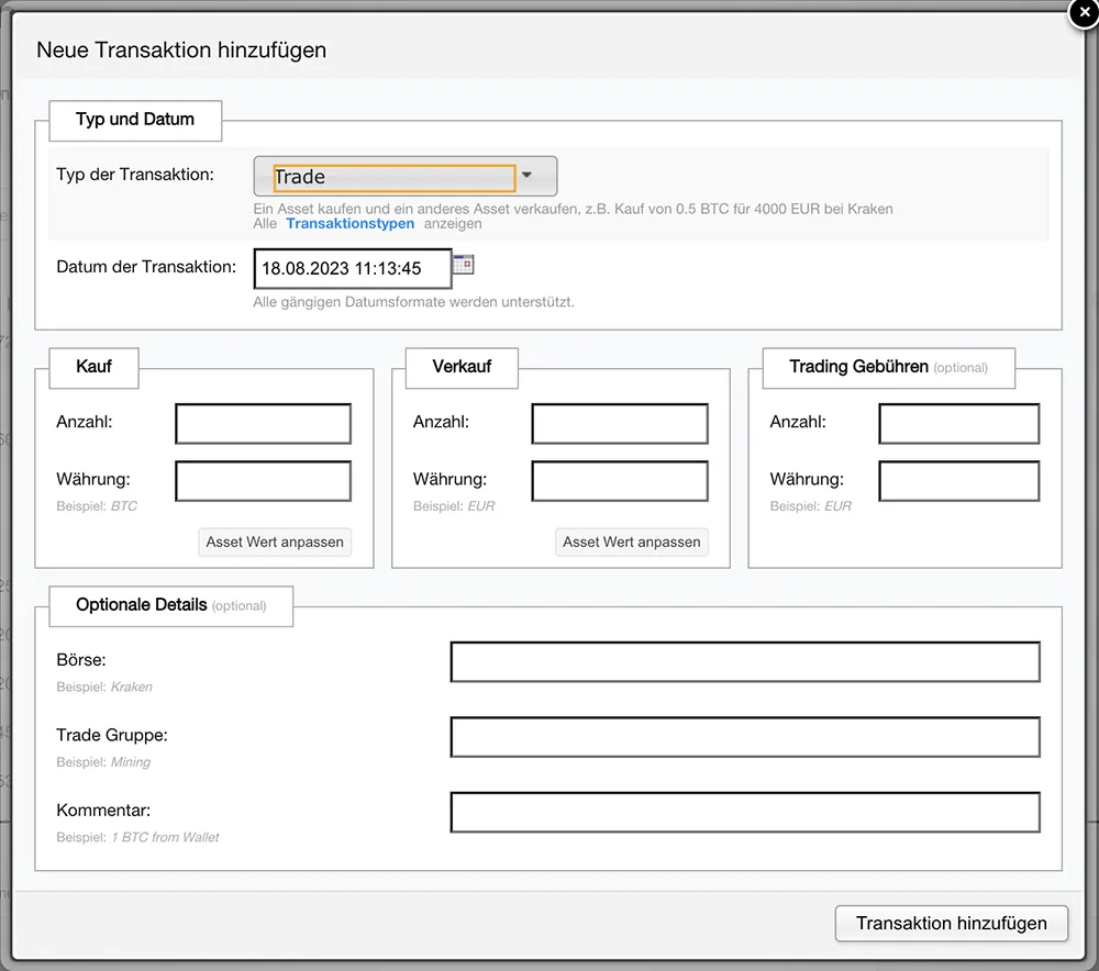 NFT-Transaktion eintragen