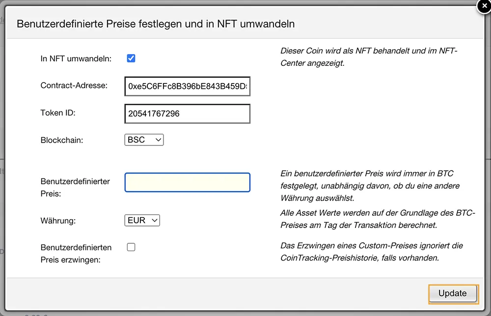 NFT Daten in CoinTracking eintragen