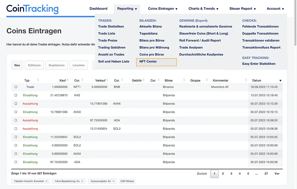 CoinTracking NFT Center öffnen