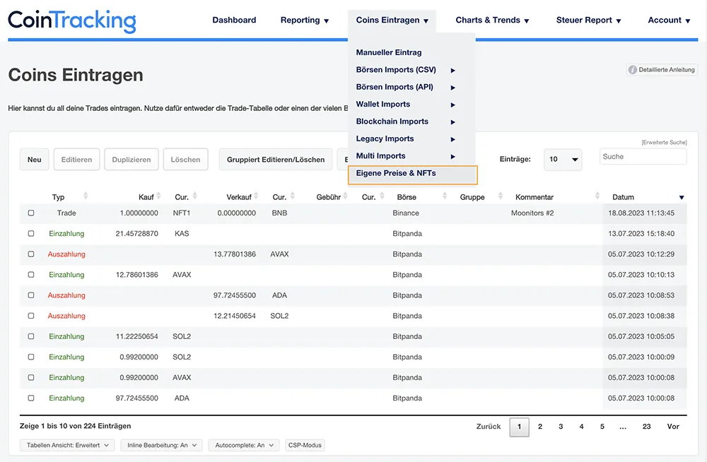 CoinTracking NFT Center öffnen