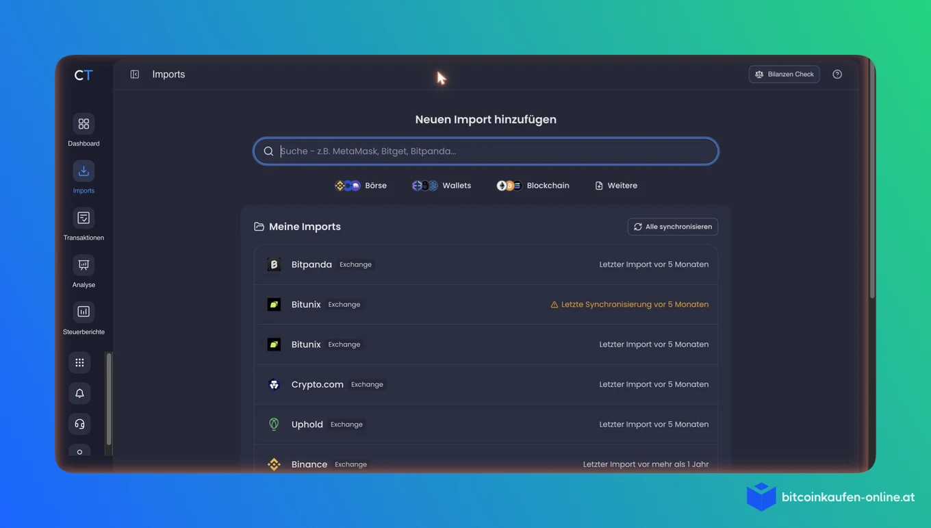 CoinTracking Imports-Übersicht mit Suchfeld für neue Importe und der Liste der angebundenen Börsen, darunter Bitpanda, Bitunix und Crypto.com