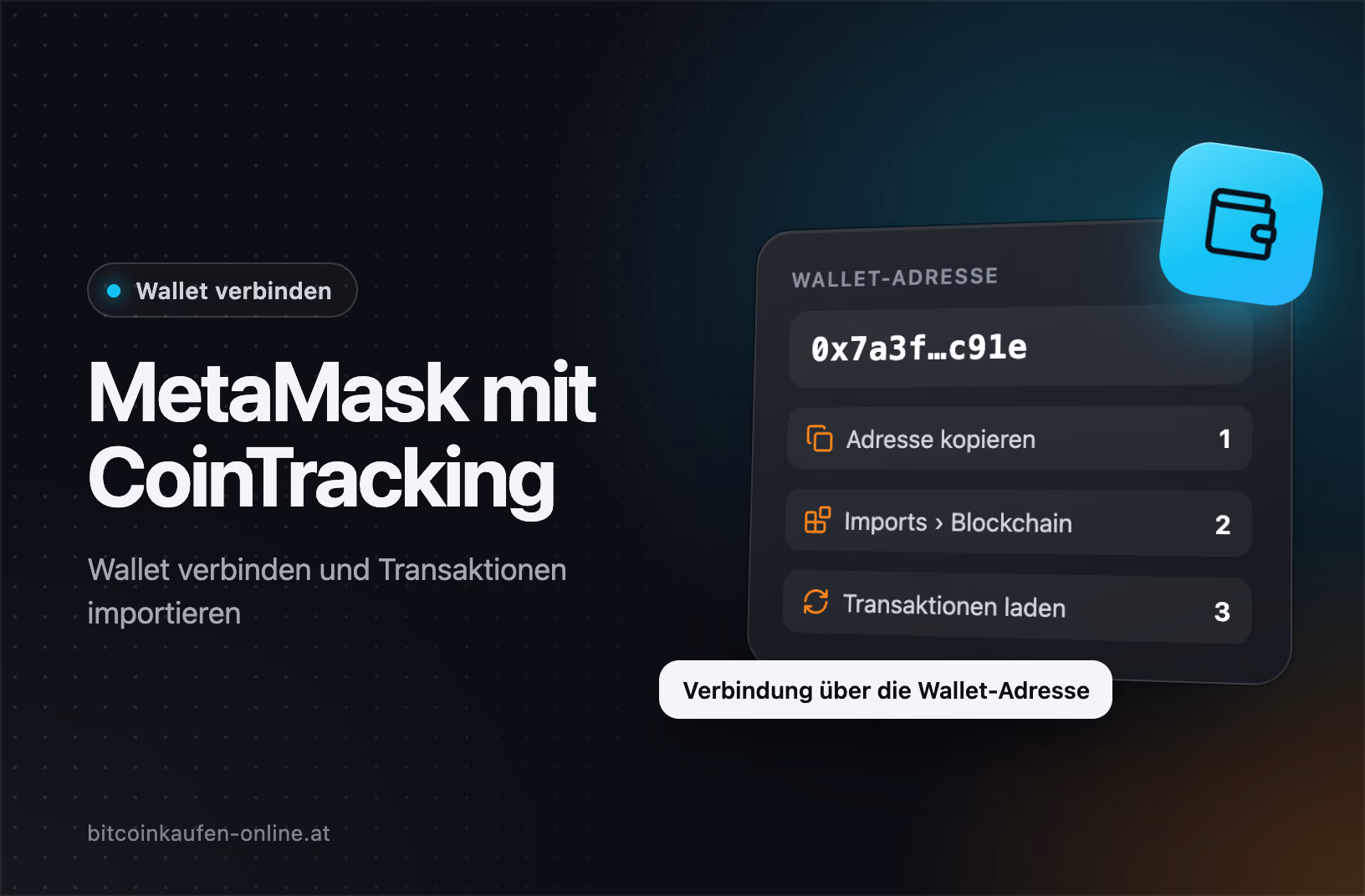 MetaMask mit CoinTracking verbinden: Wallet-Adresse kopieren, unter Imports › Blockchain eintragen, Transaktionen laden